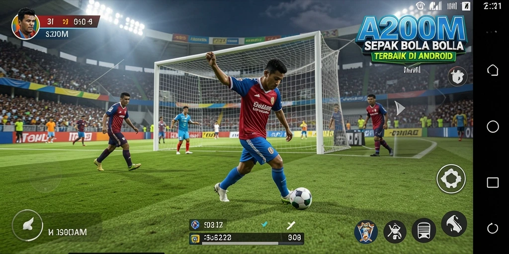 Screenshot gameplay A200M menampilkan pelaksanaan strategi sepak bola yang mendebarkan.