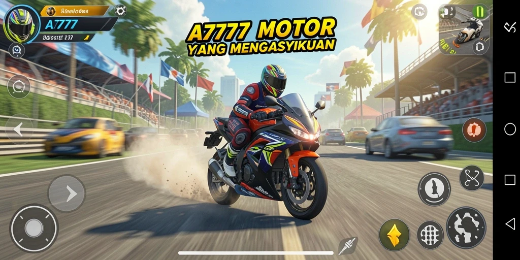 Screenshot A7777 menampilkan aksi balapan motor yang intens dan grafis memukau.