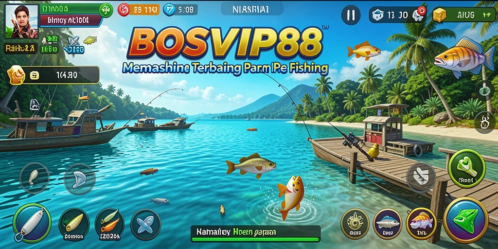 Screenshot gameplay <strong>BOSVIP88</strong> menampilkan aksi memancing yang seru dengan berbagai ikan yang menunggu untuk ditangkap.