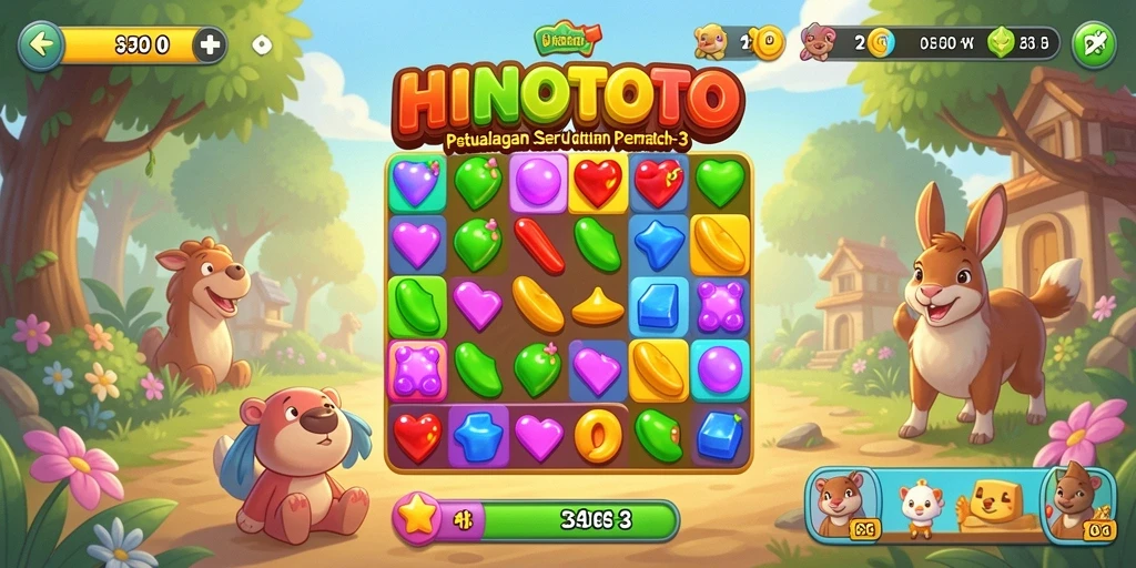 Gameplay seru HINOTOTO dalam mencocokkan elemen berwarna-warni.