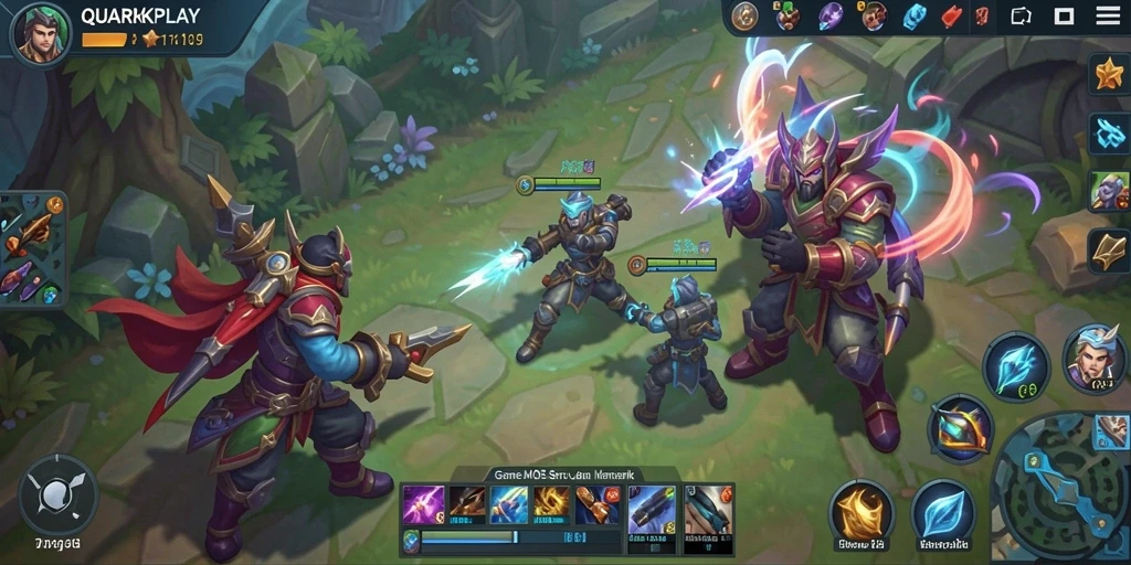 Tampilan seru dari gameplay QUARKPLAY dalam pertarungan MOBA.